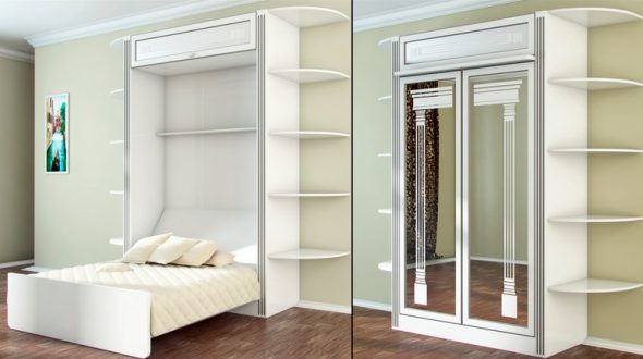 Cama guarda-roupa branca com uma fachada de espelho