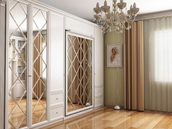 Quarto sala de design com uma cama de elevador com espelho