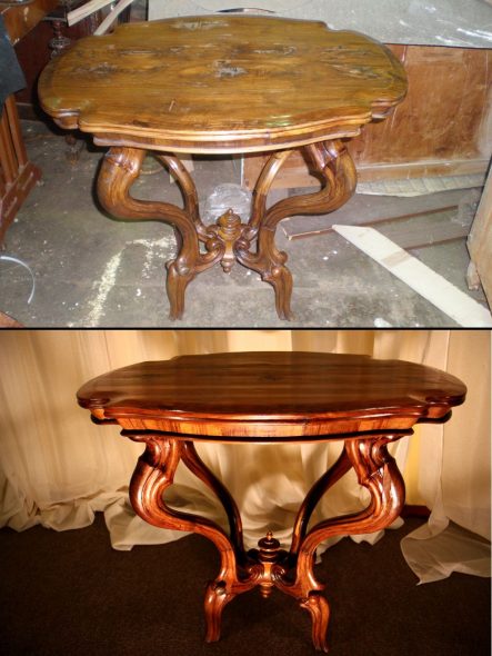 Table laquée avant et après restauration
