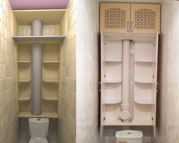 Étagères dans les toilettes derrière les toilettes