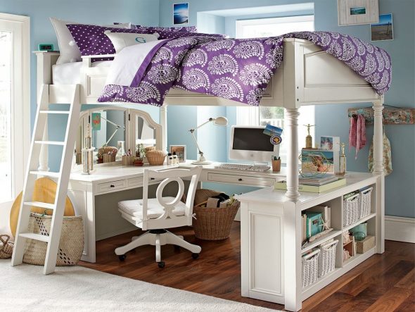 Lit superposé en bois blanc pour adultes avec bureau