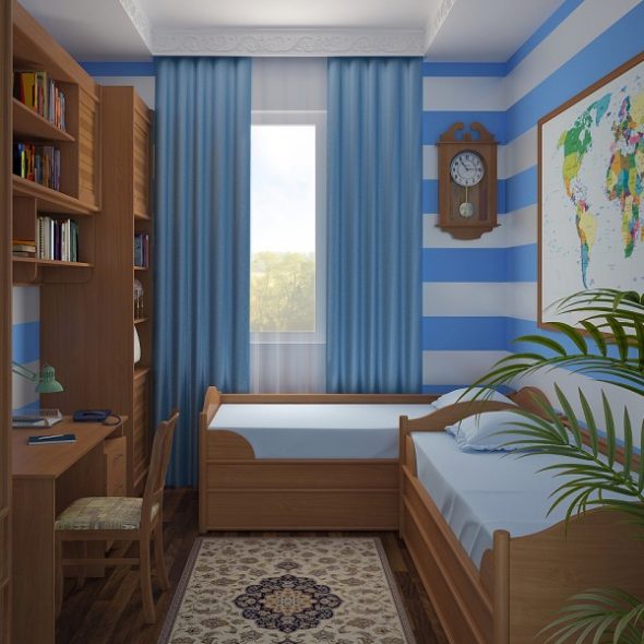 Chambre pour deux garçons avec une carte au mur