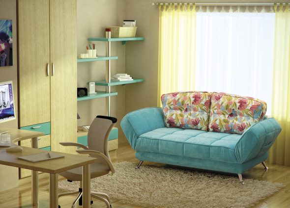 canapé turquoise dans la chambre d'enfant