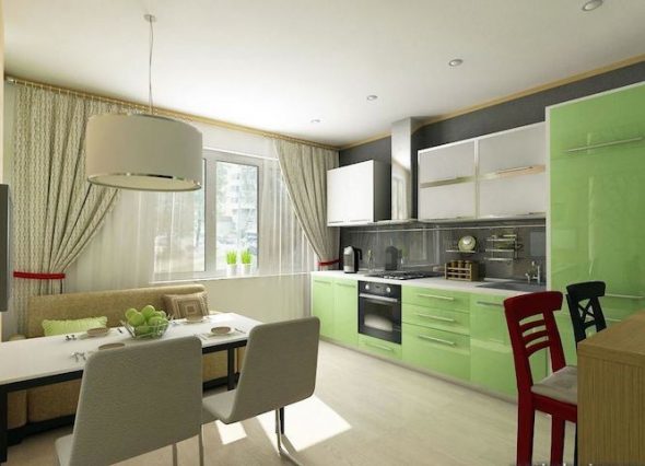 Conception de cuisine avec un canapé de couleur douce