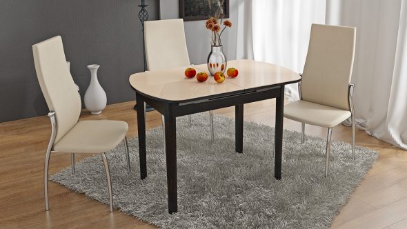 Table à manger coulissante avec verre sur pieds en bois