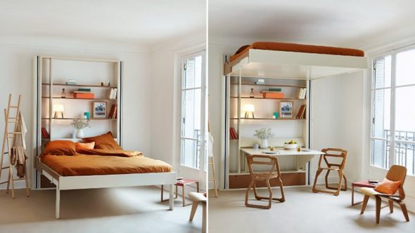 Lit avec un mécanisme de levage dans la conception de l'appartement