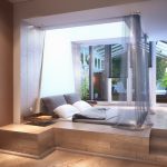 Bed-podium avec un auvent pour la chambre à coucher dans une maison de campagne