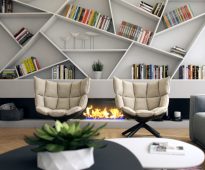 Étagères inhabituelles pour la décoration et des livres au-dessus de la cheminée