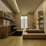 Chambre élégante avec meubles intégrés et un podium