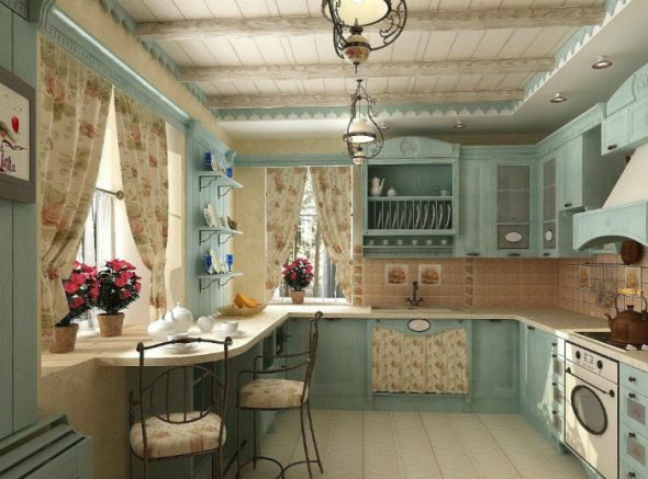 Cuisine confortable aux couleurs vives avec un mobilier élégant