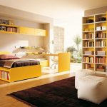 Habitación luminosa y soleada con libreros.