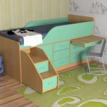 Lit turquoise avec une armoire et une étagère