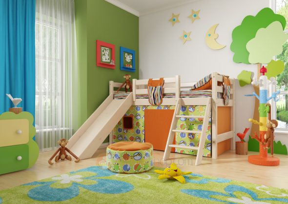 Lit bébé avec toboggan et aire de jeux