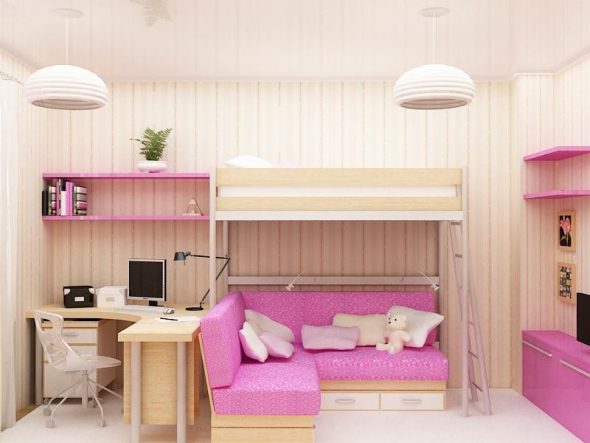 Intérieur de la chambre des filles avec lit mezzanine et canapé d'angle