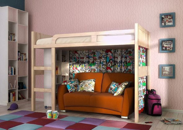 Intérieur d'une chambre moderne avec un lit mansardé et un canapé-pouf