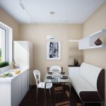Décoration de design intéressante d'une petite cuisine avec un long canapé