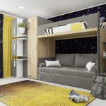 Chambre pour adolescents avec lit mezzanine et canapé gris.