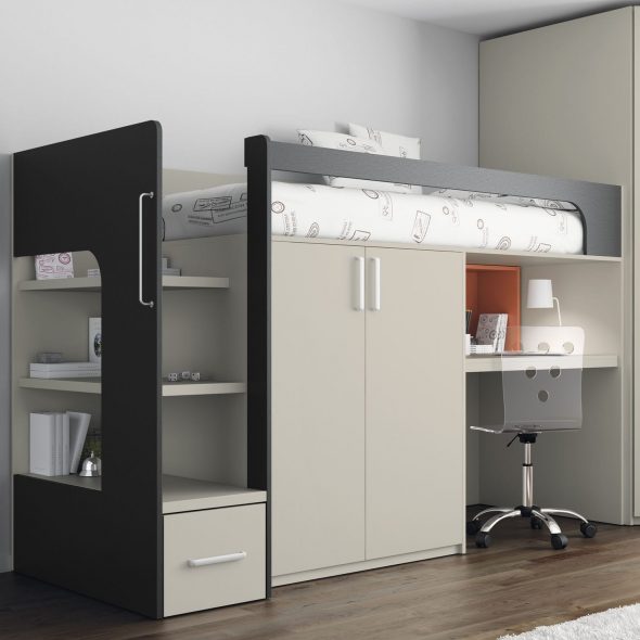 Lit mezzanine avec espace de travail et armoire intégrée