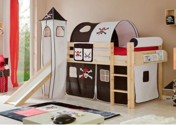 Lit mezzanine pirate avec toboggan et tour