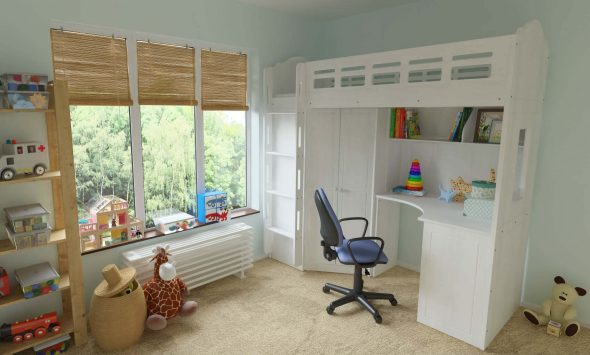 Lit mezzanine en bois blanc avec armoire d'angle