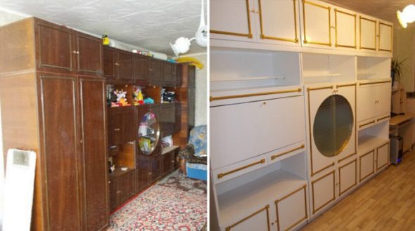 Mur dans le salon avant et après