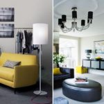 Mobilier jaune sur un fond de murs gris.
