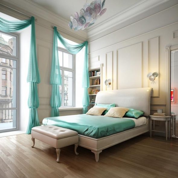 Couvre-lit et rideaux turquoise