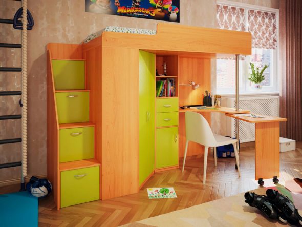 Lit mezzanine avec table tournante