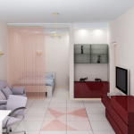 Le salon est séparé du salon par un rideau transparent.