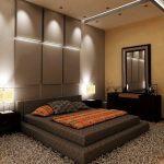 Chambre au design moderne avec un lit sur le podium