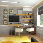Étagères élégantes au-dessus de la table pour salle high-tech