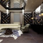 Éléments de miroir au plafond et meubles dans le salon avec losanges