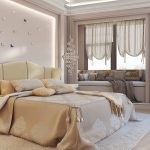 Lit élégant et un canapé près de la fenêtre pour une chambre moderne
