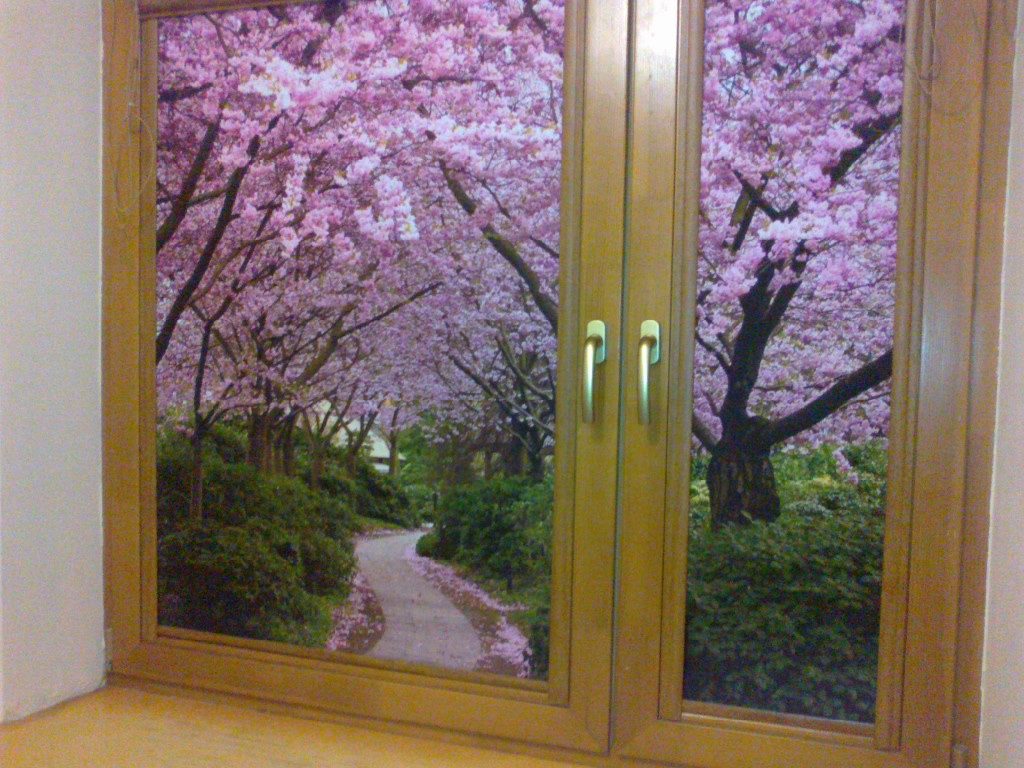 Rideaux enroulés avec l'image d'un jardin fleuri