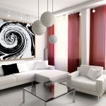 Rideaux bordeaux au mobilier blanc dans le hall