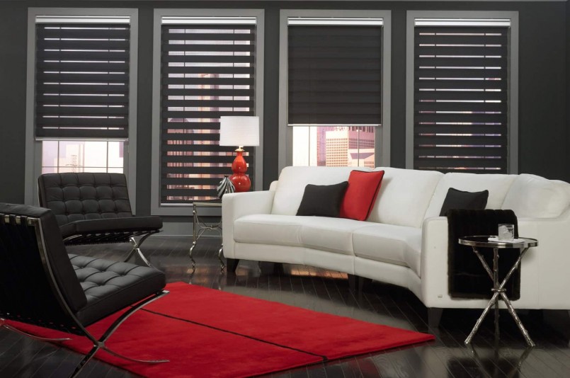White sofa in the living room with black curtains type day night