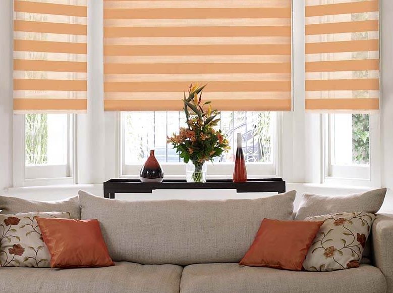 Gray sofa near the window with roller blinds