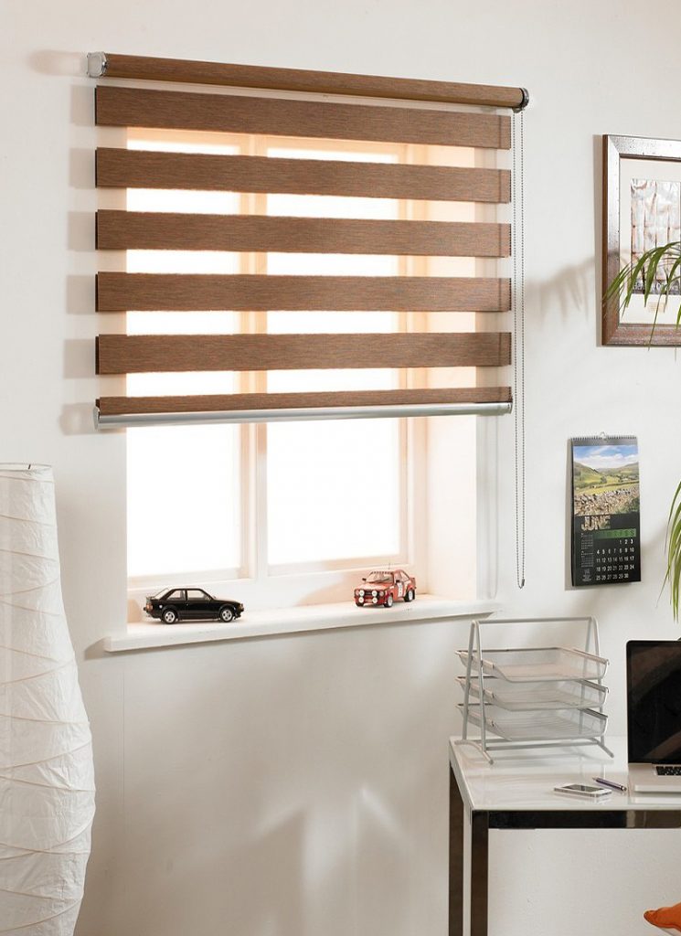 Brown curtains day night open