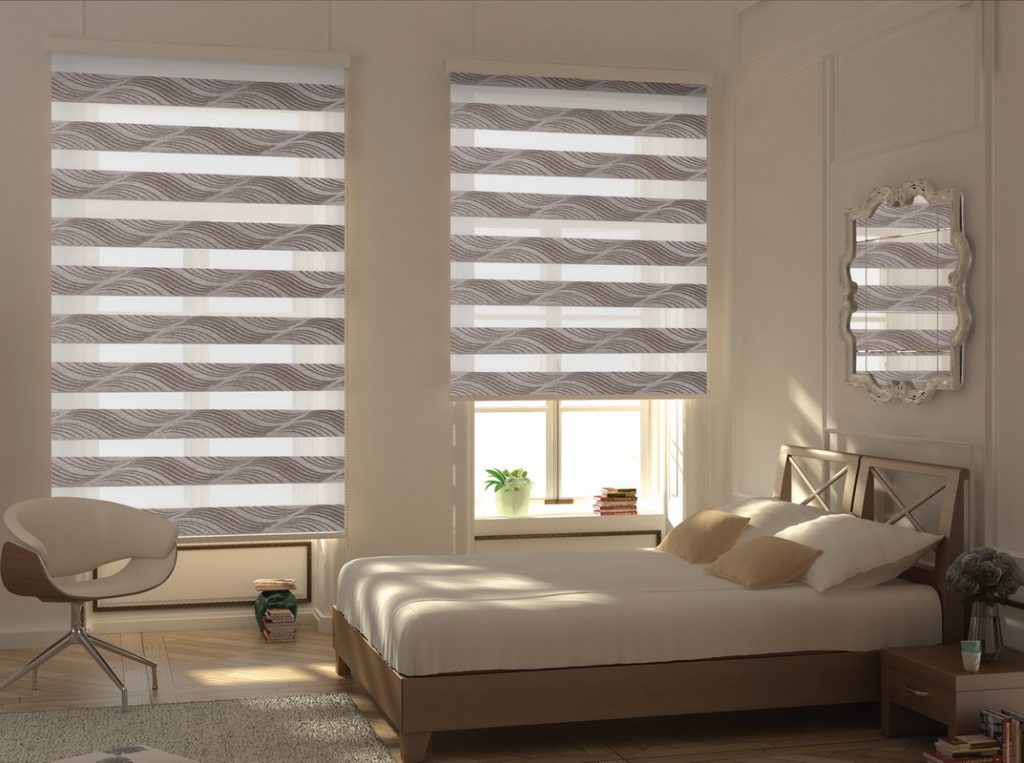 Rolled curtains with a pattern in the interior of the bedroom
