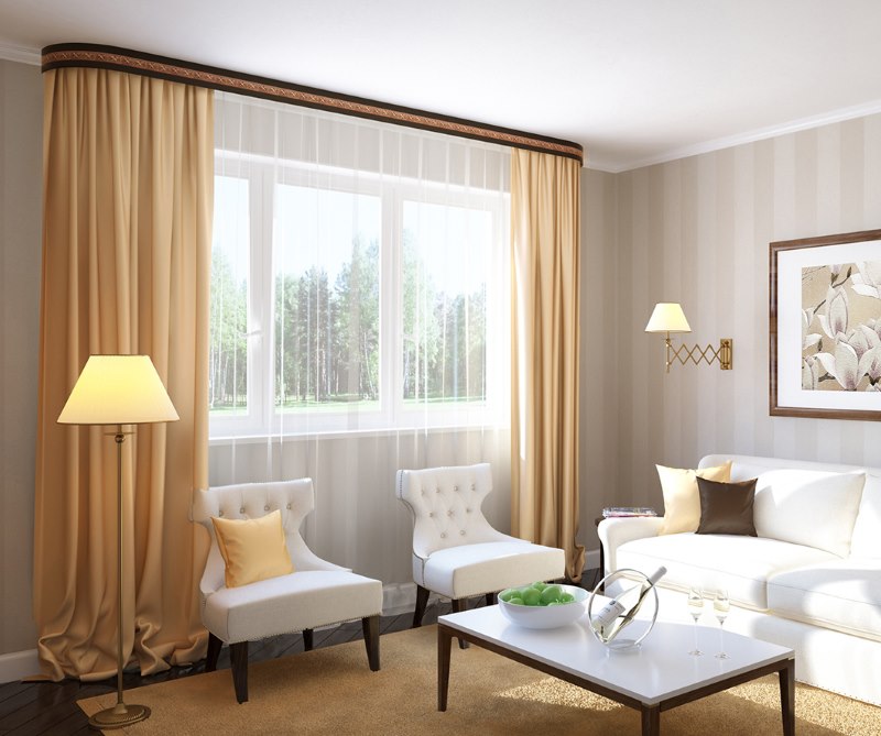 Décoration de fenêtre avec des rideaux sur les avant-toits aux bords arrondis