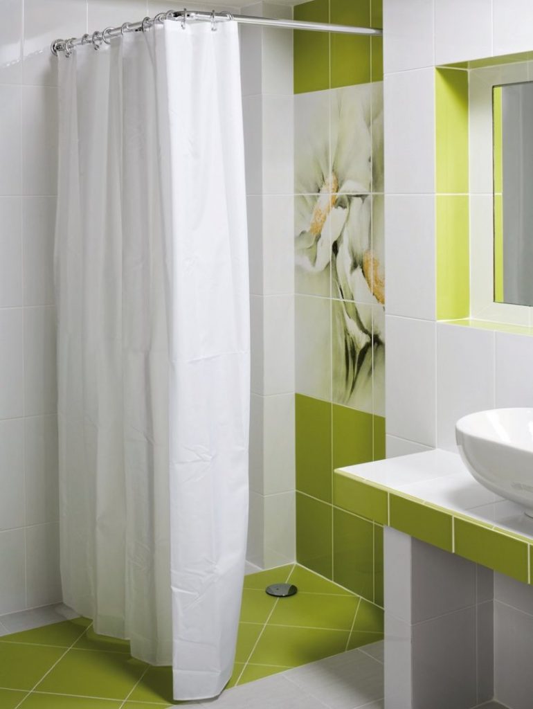 White synthetic curtain in the shower without a tray