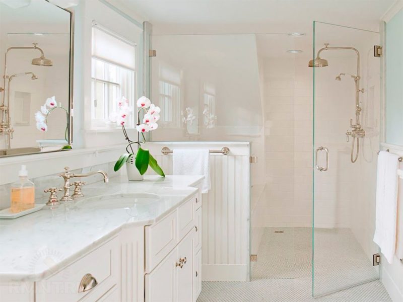 Glass door in the bathroom with a shower without a tray