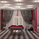 Suelo de cerámica en el hall con cortinas abigarradas.