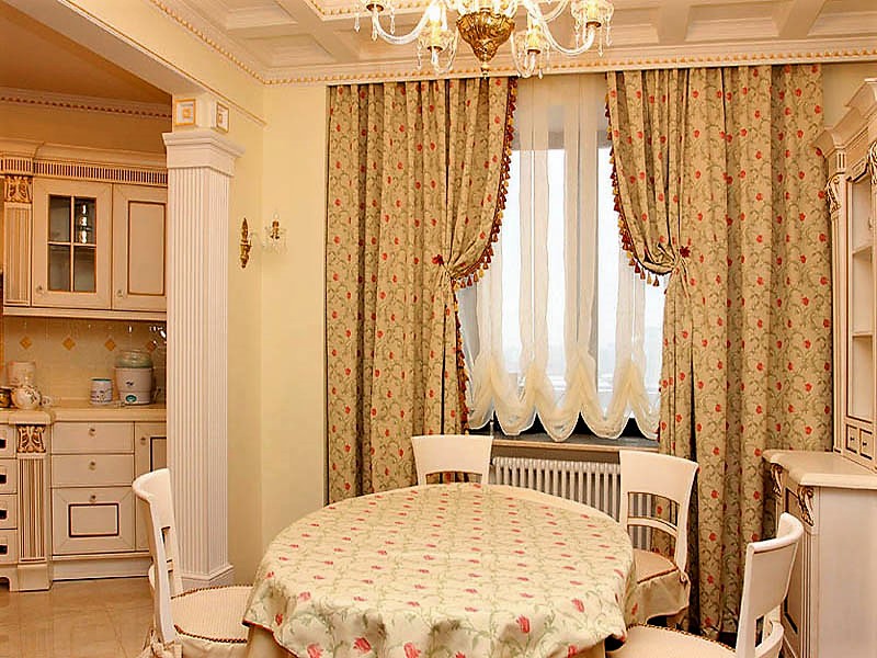Fixing curtains on the ceiling of the kitchen in a classic style