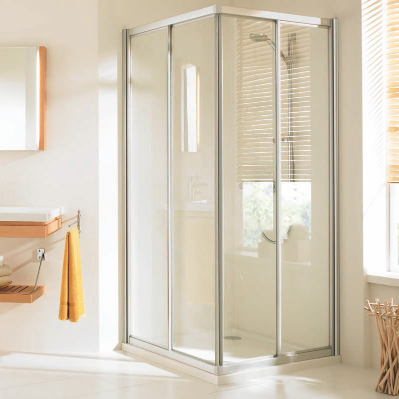 Corner shower with sliding curtains