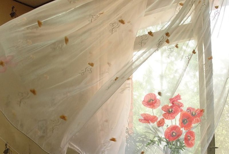 Light curtain swaying in the wind from the open window