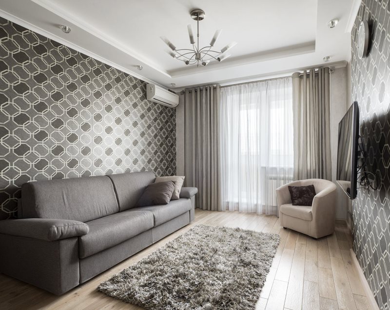Nội thất của một phòng khách hiện đại với tông màu xám.