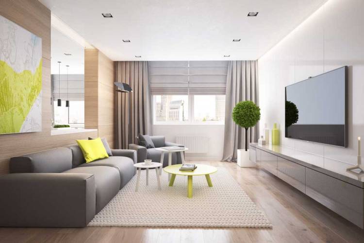 Modernes Wohnzimmerdesign mit kombinierten Vorhängen