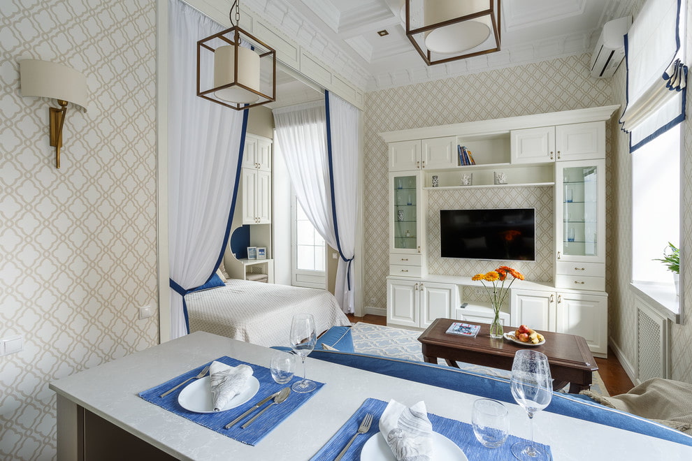 quarto design de interiores de cortinas de zoneamento