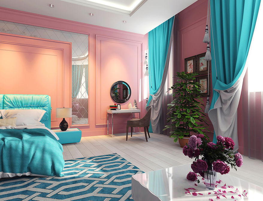 rideaux turquoise dans la chambre